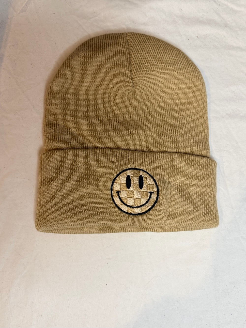 Women’s Tan Knit Beanie with Smiley Patch